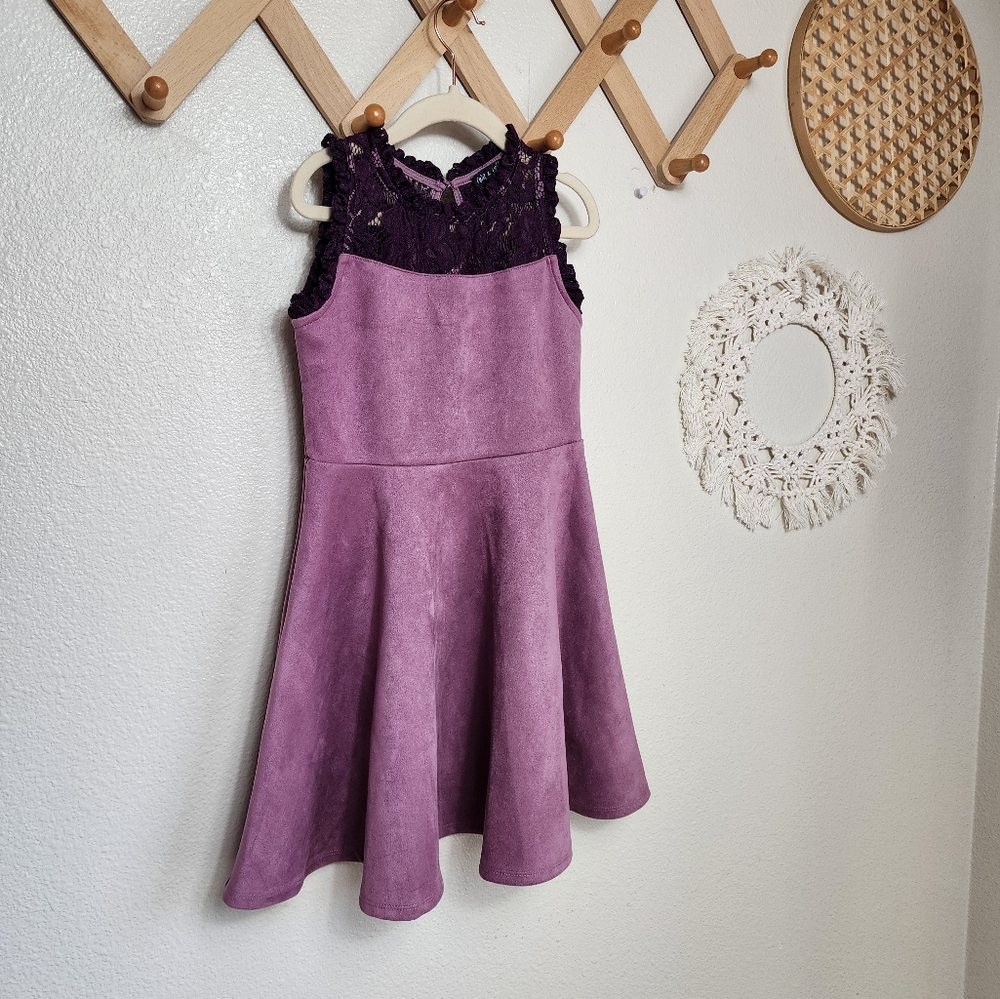 Ava & Yelly Faux Suede A Line Dress Girls 6X Dark Purple Lace Ruffle Trim